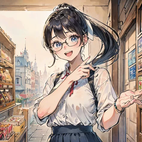 masterpiece, highest quality, {highest quality}, {{masterpiece}}, {High resolution}, concentrated, , Inside a candy shop, ponytail,glasses 、Beauty、freckles、old buildings, straight eyes, , , Hilarious, cute clothes、skirt, turning around,There is emotion  、s...