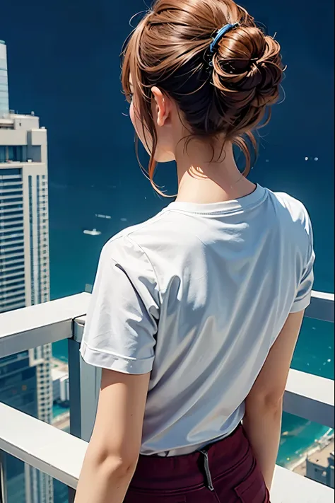 Back view, fitted cropped t-shirts with text printed, in balcony, skyscraper background, 