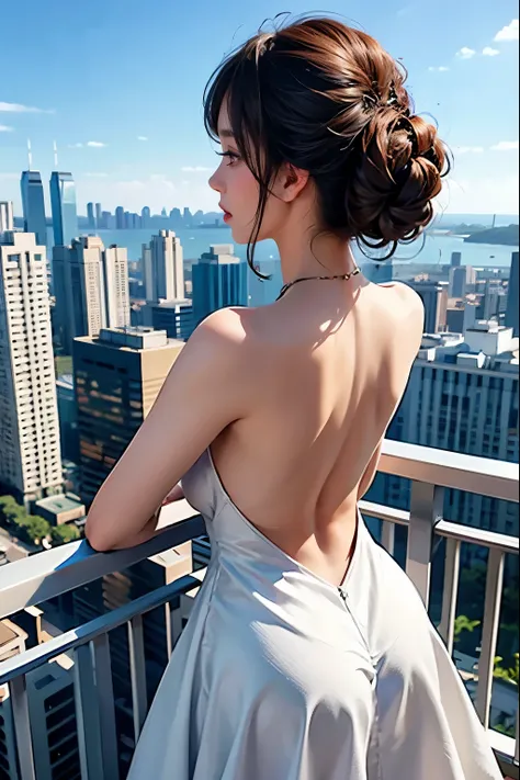 Back view, backless dress, in balcony, skyscraper background, 