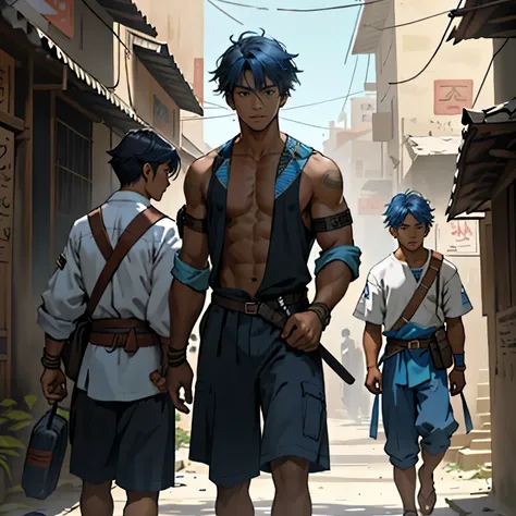 A group of 3 friends aged 13 and 24, They are talking about how to defend themselves from the enemy army when they invade the city 14 years of blue hair, The 14-year-old boy with straight hair with his back uncovered and his chest bare but dressed in typic...