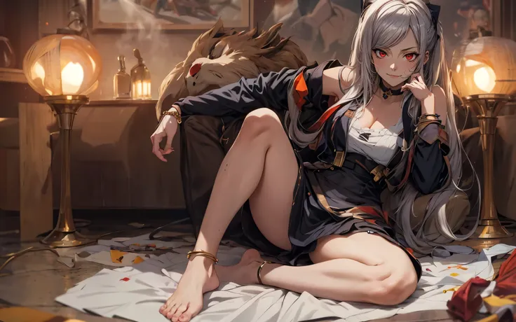 silver hair, twintail, bow, red eyes, breasts, epic art, fantasy, 1girl, anklet, barefoot, solo, jewelry, sitting, indoors, brea...