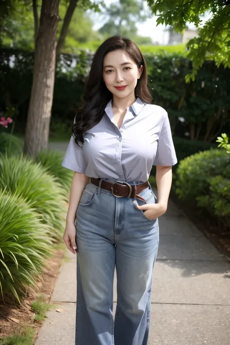 Draw lips correctly, red lipstick, from chest up, best quality, Super detailed, lifelike, Super fine skin, perfect anatomy, (1 日本Mature的女人), (alone)，Wear a gray shirt，short sleeves，blue jeans，black belt，wavy long hair，37-year-old female，Mature，charming smi...