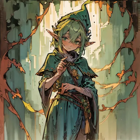 Green haired elf, mage, wooden branch, nervous, shy(detailed) 