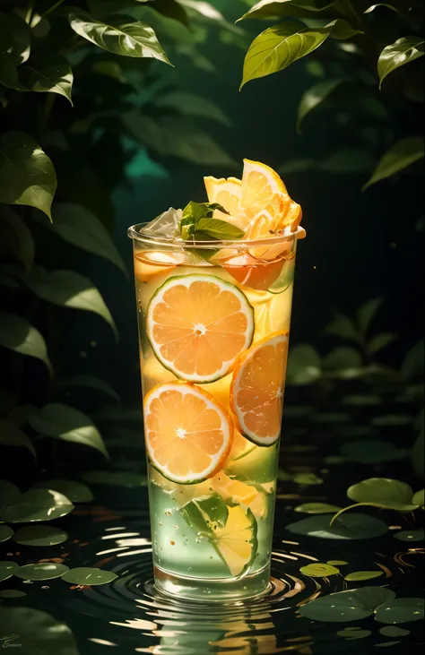 (8k, original photo, best quality, masterpiece:1.2),(actual, photo-actual:1.37),lemonade,(shiny background:1.2),green theme,wate...