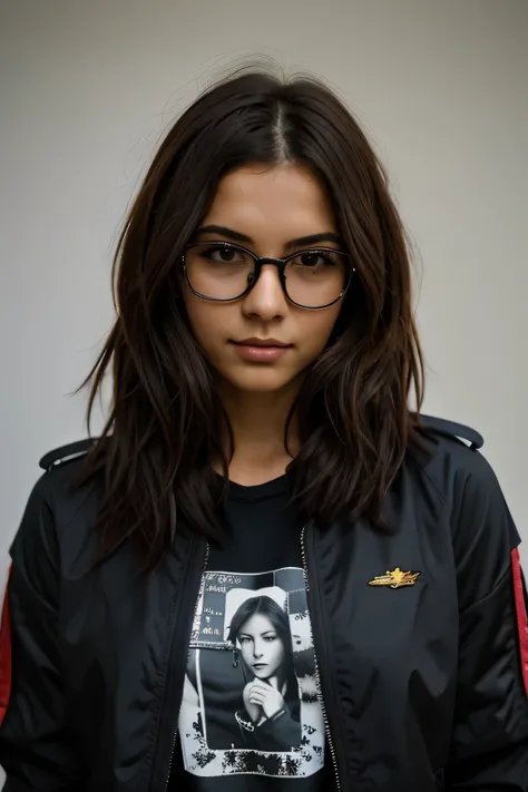  Retrato de (testamentos:0.99), solo, 1 chica con gafas , Alto detalle, alta calidad, Vistiendo una camiseta militar negra con una chaqueta vaquera y collares en capas ,unique hairstyle, cabello marron, Obra maestra