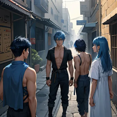 A group of 3 friends aged 13 and 24, They are talking about how to defend themselves from the enemy army when they invade the city 14 years of blue hair, The 14-year-old boy with straight hair with his back uncovered and his chest bare but dressed in typic...