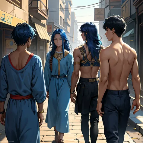 There is tension in the atmosphere, they are nervous with fear, a group of 3 friends, ages 13 and 24., They are talking about how to defend themselves from the enemy army when they invade the city 14 years of blue hair, The 14-year-old boy with straight ha...