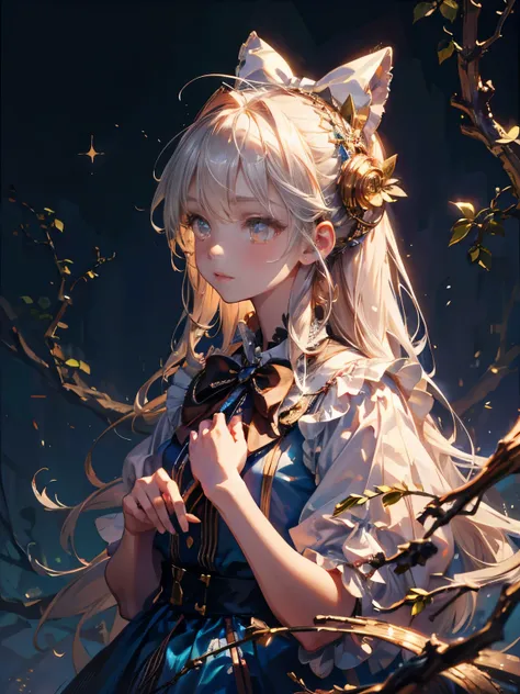 1 girl, masterpiece, highest quality, 8K, fine skin texture, fine cloth texture, beautiful detailed face, intricate details, Super detailed, alice in wonderland, (bow on her head:1.1), Upper body