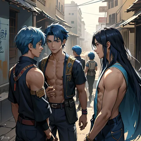 A group of 3 friends aged 13 and 24, They are talking about how to defend themselves from the enemy army when they invade the city 14 years of blue hair, The 14-year-old boy with straight hair with his back uncovered and his chest bare but dressed in typic...