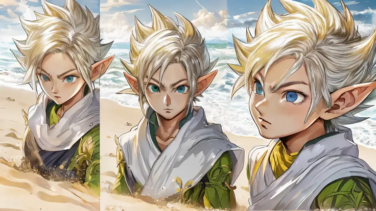 (master piece), 8k, best quality, book illustration, panoramic view, , elf boy, childlike appearance, naive, male, teenager, 14 years old, white skin, thin body, pointed elf ears, beautiful finely detailed eyes silver colored, high forehead, spiky yellow b...