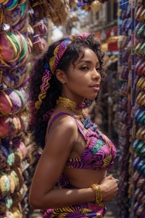  Beautiful African ebony, a sultry woman with luscious curls cascading down her back, wearing a vibrant traditional gele headwrap adorned with intricate patterns, standing confidently in a bustling marketplace, surrounded by colorful stalls selling exotic ...