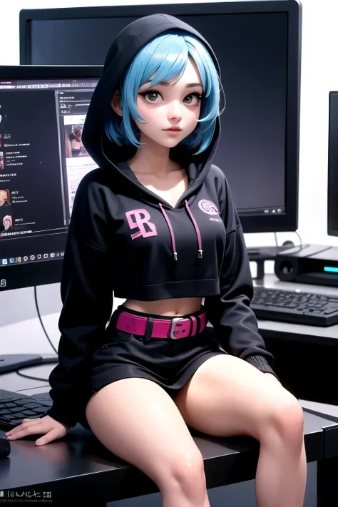 ((Mejor calidad)), ((Obra maestra)), (detallado), cara perfecta, chica anime con cabello azul sentada frente a una computadora, oppai ciberpunk, Chica seductora anime, mejor valorados en pixiv, chica anime ciberpunk, female chica anime ciberpunk, popular e...