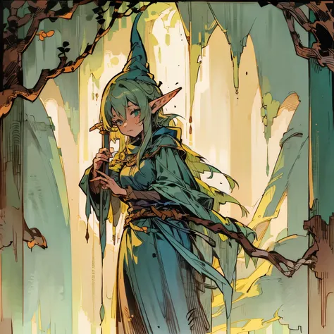 Green haired elf, mage, wooden branch, nervous, shy(detailed) 