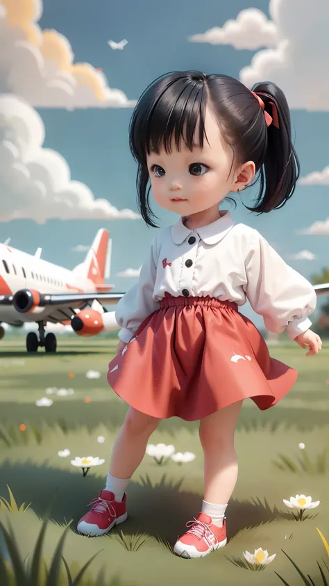 little cute ，double ponytail，Wear red and white clothes.，black hair，very happy, In the background of the grass there is an airplane.