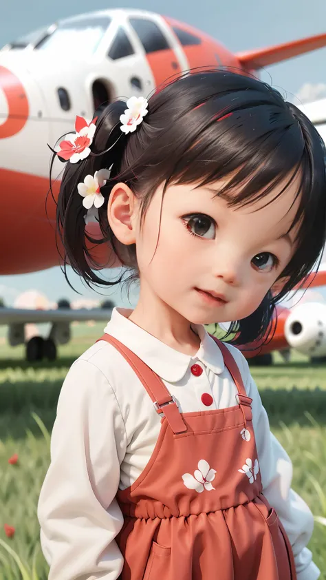 little cute ，double ponytail，Wear red and white clothes.，black hair，very happy, In the background of the grass there is an airplane.