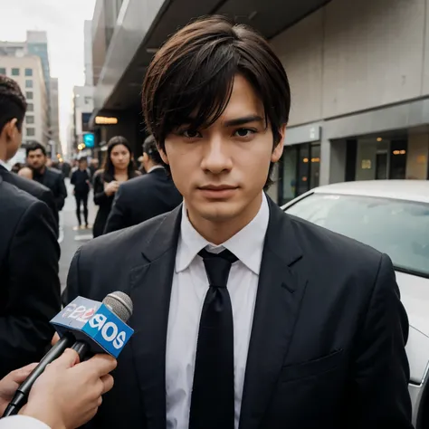 A anime guy in a suit looking gasped