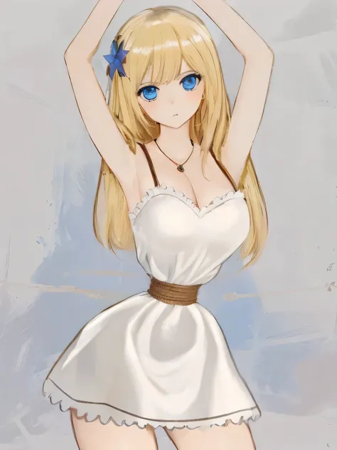 ((masterpiece)), ((highest quality)), (Super detailed), torture chamber,(((The rope tightens around my waist))),pretty girl, 1 girl, alone,camisole dress,beautiful blonde hair, (beautiful blue eyes), long hair, expression of agony