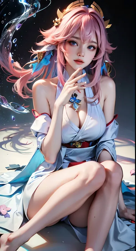  ((knee shot)),（masterpiece、best quality、high resolution），（Colorful background，（splash of color）），sweet girl，Light blue and white medium length hair，[light blue|pink]hair，long hair，purple eyes，shiny，红pink的嘴唇，The cracks are relatively large，splash of color，...