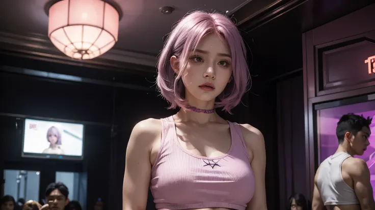 A mad mommy with long light pink soft purple hair, perfect big booba , good quality, detailed beauty face, wearing crop top, in the night room, angry face