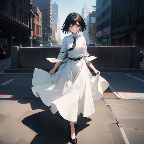 1girl, short black hair, wearing plain white dress shirt, long modest skirt, belt, lace tie, city, christian, strict, modest, low heel boots, 
