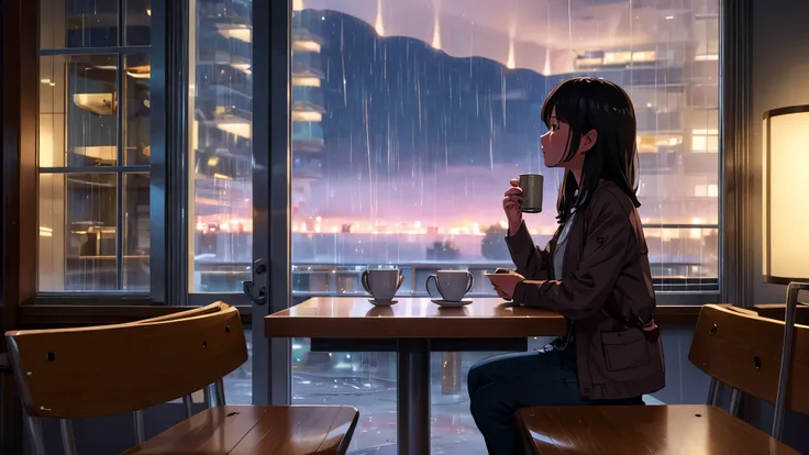 Lonely cafe on a rainy afternoon: the girl spends a lonely afternoon in a cozy cafe, watching the rain fall outside while drinking a hot coffee looking at your computer. atmosphere of serenity and conviviality (melhor qualidade), (8k resolution), (ultra hi...