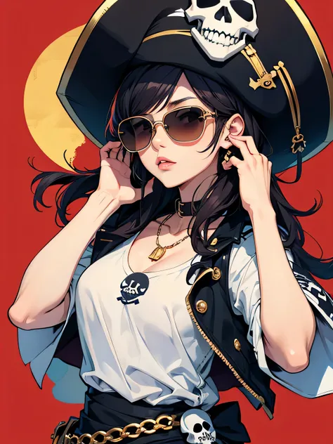 coolest design, cute lovely pirate skull, Yuriko Yoshitaka, sunglasses, Fashionable hats, fashionable clothes, Scheele Kobe, sun, highest quality