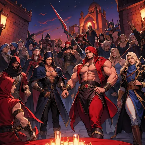 Castlevania islamic moroccan lord of shadows hyperrealistic super detailed dynamic shot central scene of arabic morocco red turban hokuto no ken kenshiro Lord Dracula leading demon army troops into battle sharp details hokuto no ken kenshiro muscular and h...