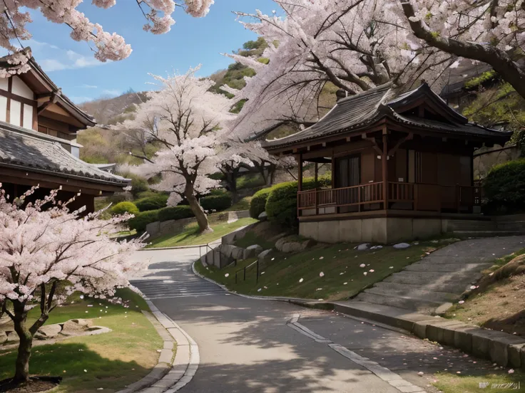 There are no people, No passers-by, Cherry tree, Cherry blossom petals are dancing, full bloom, Senbonzakura, beautiful scenery, small hill, fantasy
