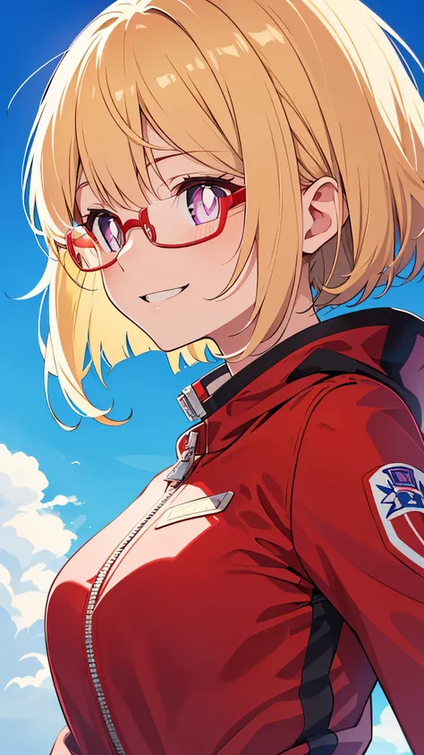 18 year old female、blonde、bangs、bob cut、straight hair、chignon hairstyle、Purple pupils、((red rim glasses)):1.5、smile、From the side、red rider jacket、long sleeve、gloves、roof of the building、Blowin in the wind、blue sky、upper body close-up、sharp outline