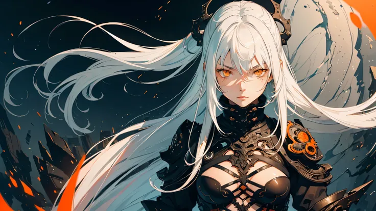 ((1girl)), style of Tsutomu Nihei, (incredibly absurdres, (high resolution:1.18), intricate detail, (masterpiece:1.1), (highest quality:1.1), absurdres), (1girl, portrait, white hair, orange eyes, long hair, detailed eyes),