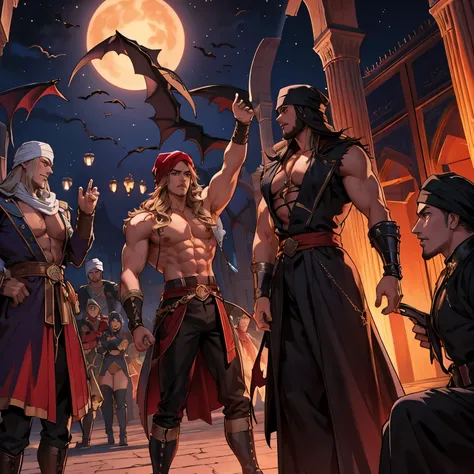 Castlevania islamic moroccan lord of shadows hyperrealistic super detailed dynamic shot central scene of arabic morocco red turban hokuto no ken kenshiro Lord Dracula leading demon army troops into battle sharp details hokuto no ken kenshiro muscular and h...