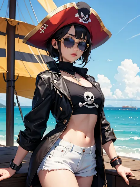 coolest design, cute lovely pirate skull, Suzu Hirose type, focus on the face, sunglasses, Fashionable hats, fashionable clothes, Scheele Kobe, pirate ship, sun, highest quality