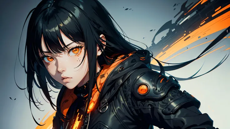 ((1girl)), style of Tsutomu Nihei, (incredibly absurdres, (high resolution:1.18), intricate detail, (masterpiece:1.1), (highest quality:1.1), absurdres), (1girl, portrait, black hair, orange eyes, long hair, detailed eyes),