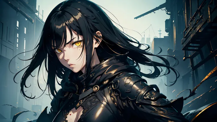 ((1girl)), style of Tsutomu Nihei, (incredibly absurdres, (high resolution:1.18), intricate detail, (masterpiece:1.1), (highest quality:1.1), absurdres), (1girl, portrait, black hair, yellow eyes, long hair, detailed eyes),