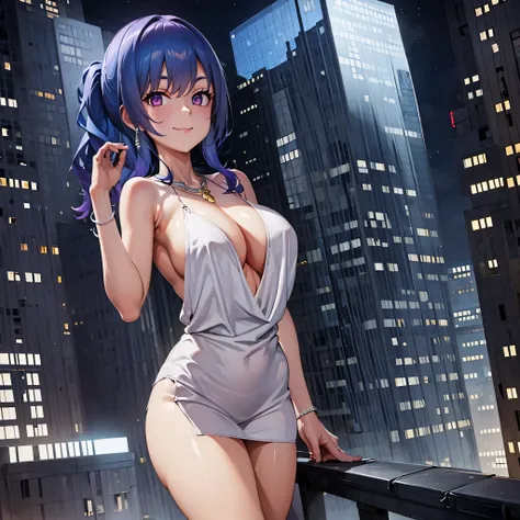 a woman wearing a white dress, in a big city at night, blue hair, purple eyes, smiling
