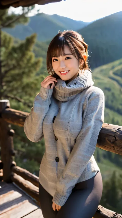 (realistic, photo-realistic:1.4), (extremely detailed 8k wallpaper), bokeh, detailed beautiful eyes and skin, (Image from thighs to head:1.3), (Japanese idol:1.3), 25yo, beautiful woman, smile, (large breast:1.3), full body, 
Gray knit sweater over a plaid...