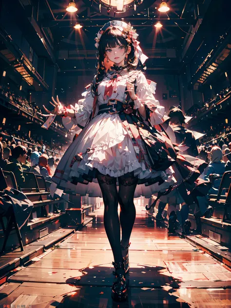 （master piece，highest quality，best quality者，official art，Cosmetology and aesthetics：1.2），1 girl、Full body portrait，Standing on stage，solo，looking at the viewer，lolita prostitute_dress，high details，cinematic color grade，ultra high resolution，best quality，sh...