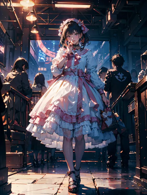 （master piece，highest quality，best quality者，official art，Cosmetology and aesthetics：1.2），1 girl、Full body portrait，Standing on stage，solo，looking at the viewer，lolita prostitute_dress，high details，cinematic color grade，ultra high resolution，best quality，sh...