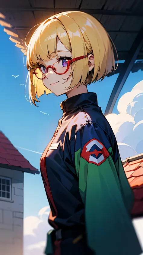 1 female、blonde、bangs、bob cut、straight hair、chignon hairstyle、Purple pupils、red rim glasses、smile、From the side、Wear a rider&#39;s jacket、long sleeve、gloves、roof of the building、Blowin in the wind、blue sky、upper body close-up、sharp outline