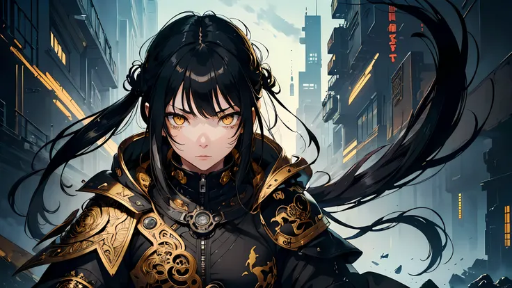 ((1girl)), style of Tsutomu Nihei, (incredibly absurdres, (high resolution:1.18), intricate detail, (masterpiece:1.1), (highest quality:1.1), absurdres), (1girl, portrait, black hair, gold eyes, long hair, detailed eyes),