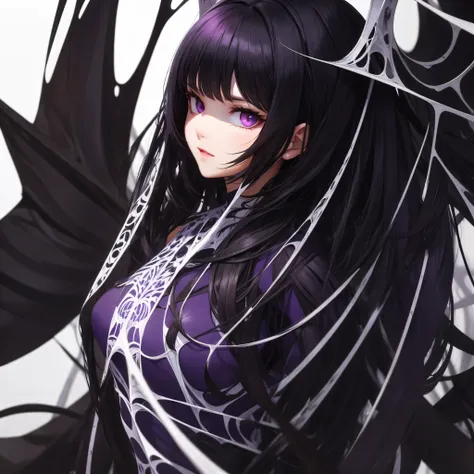 1girl, black short hair , purple eyes , very white skin, over spider web , web eye patch