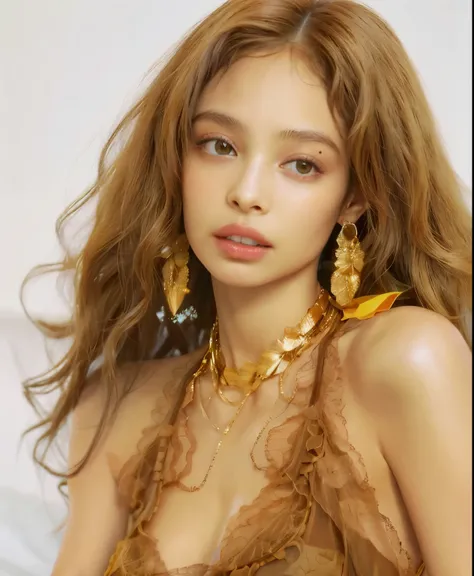 mulher arrasada, com cabelos longos e encaracolados, wearing a brown halter top, Retrato de Sophie Mudd, zoë kravitz, taken at the beginning of 2020, retrato de Vanessa Morgan, brincos enormes e maquiagem estranha, Bella Poarca, quanto, photo shoot for glo...