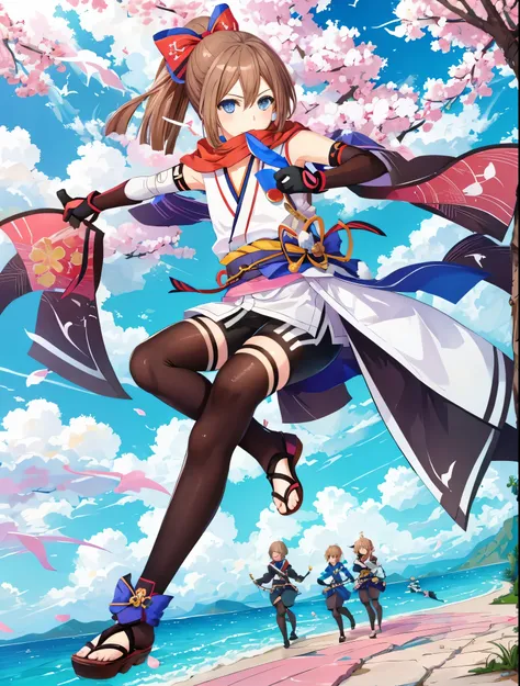 (very detailed:1.1),(very detailed:1.1),(highest quality:1.1),(masterpiece:1.1), alone, 1 girl, Ram Neptunia, Ramgo, blue eyes, brown hair, ribbon, ponytail, ninja, kimono, bandage, Sarashi, ヘアribbon, bike shorts, elbow bag, ankle wrap, fingerless gloves, ...