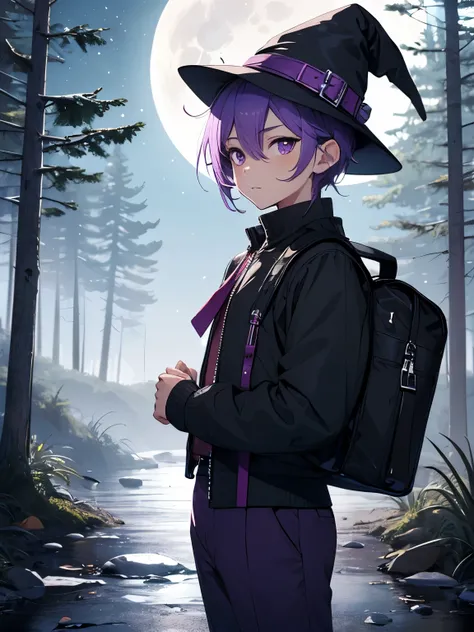 anime boy, young teenager, purple hair, small/mini witch hat, purple eyes, purple adventurers uniform, carrying a shoulder bag, purple pants and brown shoes, moon background, shining moon, dark forest, nervous expression, wind, cold night, lost, worried, s...