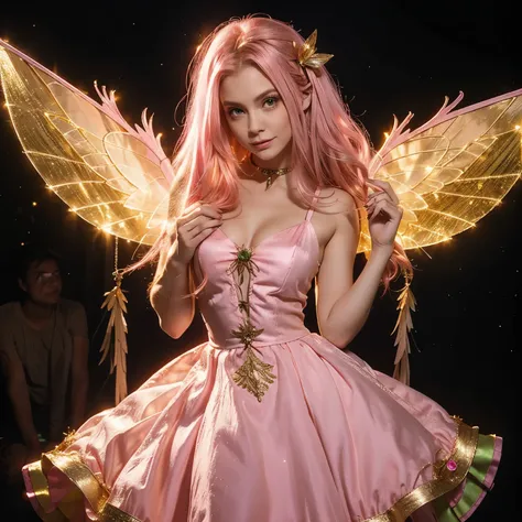 An adult fairy with long pink hair and golden eyes wear a dress and wing like tinkerbell