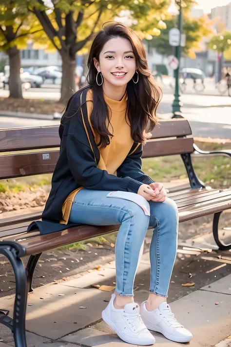 masterpiece,highest quality, masterpiece,highest quality, A neat and beautiful woman sitting on a park bench、black hair、hoodie、skinny denim、sneakers、wear socks、refreshing smile、smile showing teeth、full body photo、hairstyle semi long


