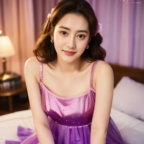 there is a woman sitting on a bed with a pink dress, wearing a cute top, dilraba dilmurat, korean girl, violet tight tanktop, wearing tanktop, heonhwa choe, 1 8 yo, amouranth, gorgeous young korean woman, young and cute girl, ruan cute vtuber, purple top, ...