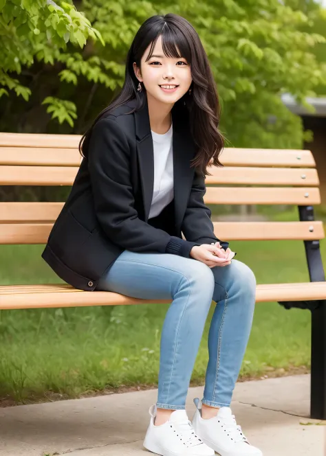 A neat and beautiful woman sitting on a park bench、black hair、Jacket、blouse、skinny denim、sneakers、refreshing smile、smile showing teeth、full body photo、hairstyle semi long