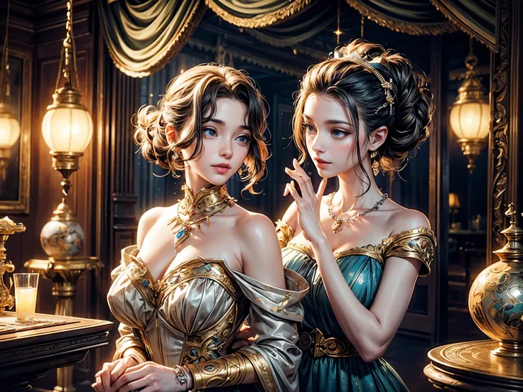 mechanical puppet and a girl,detailed eyes,detailed lips,extremely detailed eyes and face,long eyelashes,porcelain skin,beautiful facial expression,vintage dress,antique cameo necklace,playful pose,lovely smile,dark curly hair,tattered ballet flats,dainty ...