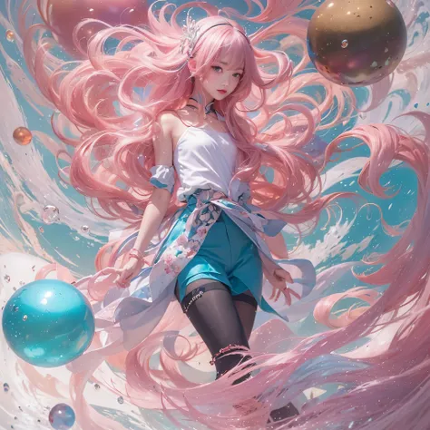 Goose pink blue color，enamel，agate，A flesh-colored world，Blood Blue Girl 32K（masterpiece，HD，Aoyama Pond，Ultra high quality，32）long flowing bright blue hair，blood pool，Ziddink， a color，Grumpy （After greeting）， （Linen scarf）， fighting stance， looking at the ...